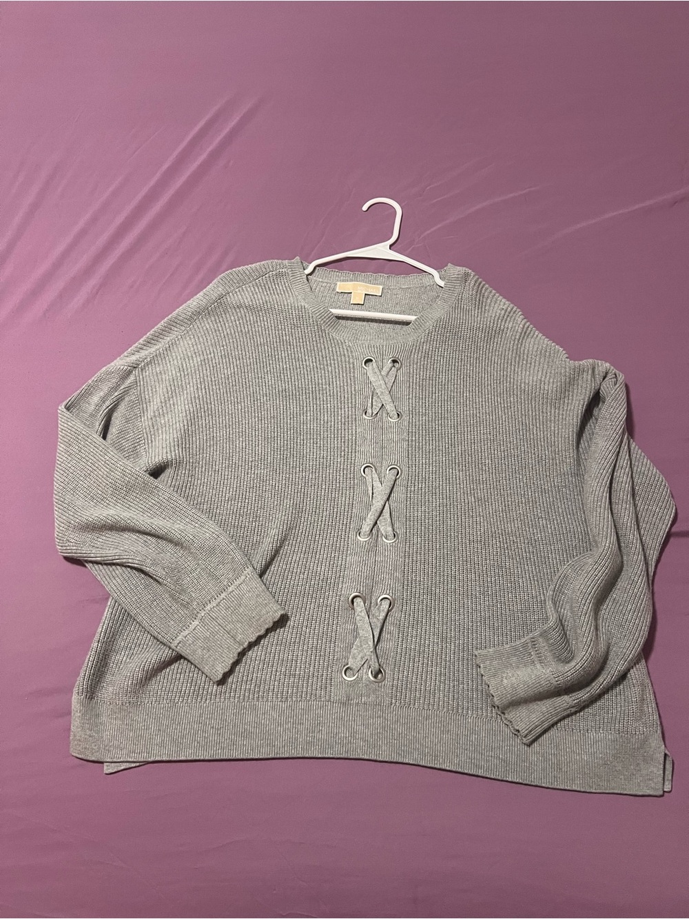 Michael Kors Light Gray Lace-Up Ribbed Crewneck Sweater